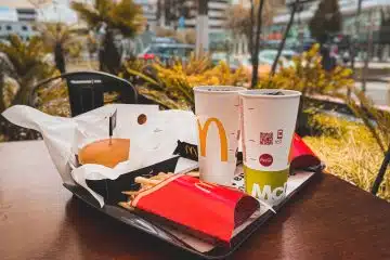 Hamburger and Drinks on a Tray