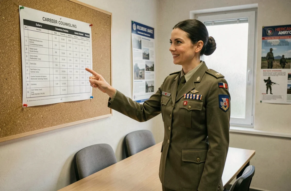 Adjudante de l'armée de Terre présentant une grille de salaire et les avantages du statut de sous-officier lors d'un entretien de recrutement