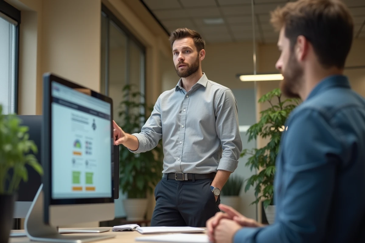 Administrateur universitaire pointant un écran dans un bureau