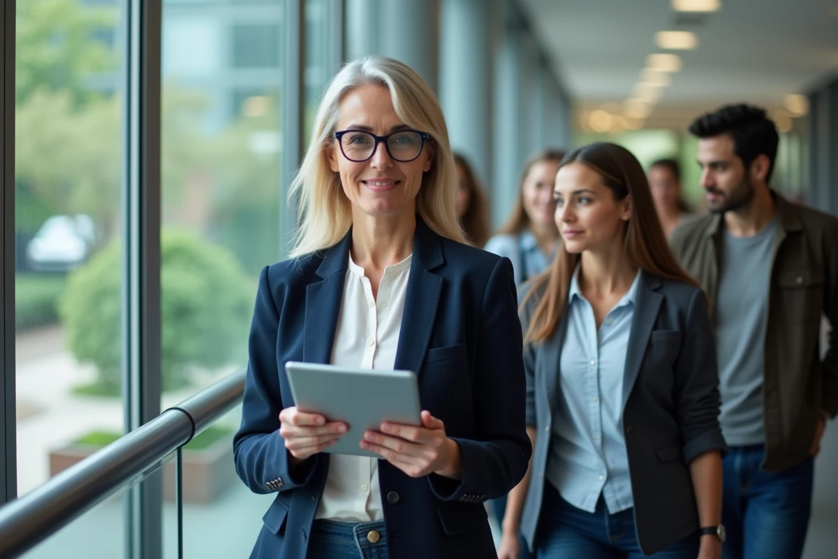 Administratrice IT montrant des réglages de sécurité aux étudiants