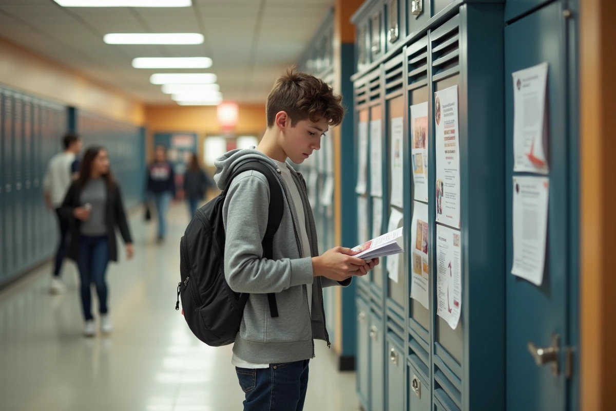 Adolescent examinant des brochures dans un couloir scolaire