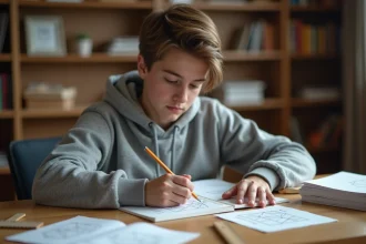 Adolescent dessinant des cubes géométriques dans un cahier quadrillé pour comprendre la puissance 3 en mathématiques