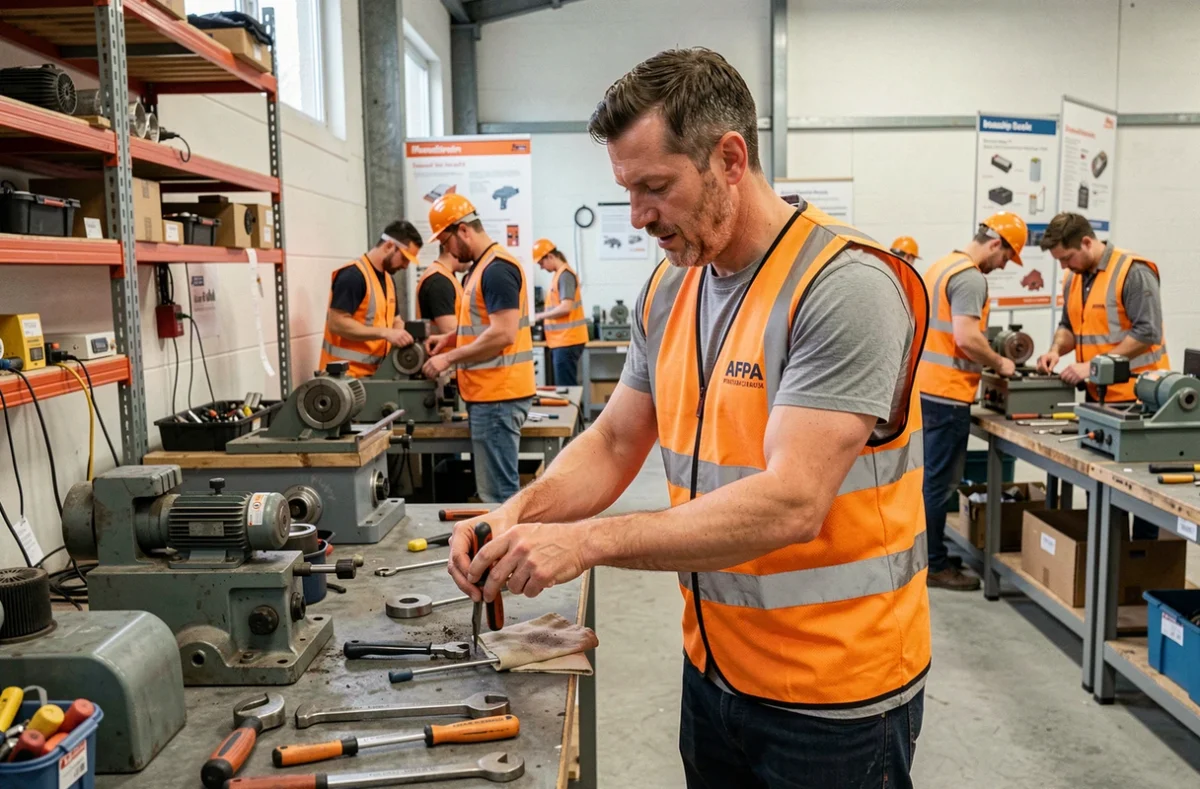 Un stagiaire en formation professionnelle pratiquant sur un poste de travail industriel au centre AFPA de Besançon