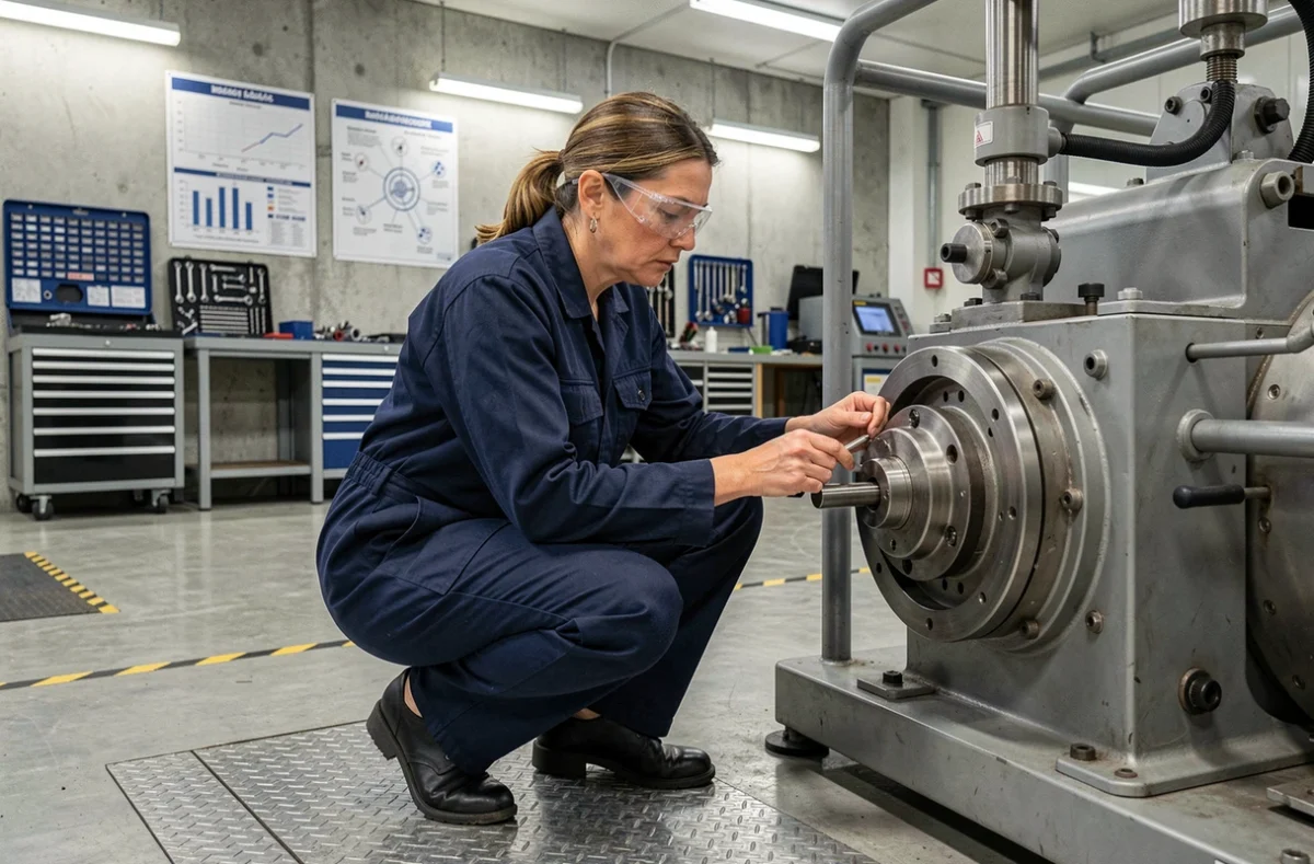Femme en tenue de travail s'entraînant sur une machine industrielle dans un atelier de qualification métier de l'AFPA Île-de-France