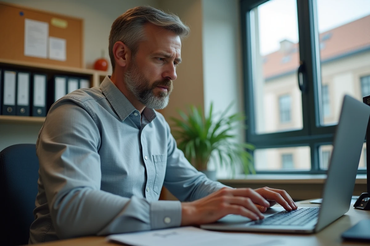 Agent administratif d'un rectorat connecté à son webmail académique sur un ordinateur portable dans un bureau institutionnel