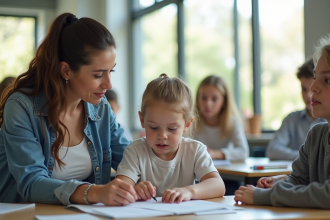 Adultes aidant un élève en situation de handicap en classe