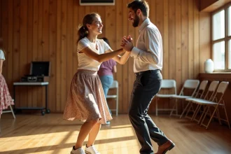 Couple apprenant la danse Madison ensemble dans une salle de danse en parquet, tenue rétro années 60, expression complice et joyeuse