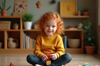Jeune fille neuroatypique concentrée sur un jeu éducatif en bois dans un espace d'apprentissage alternatif chaleureux