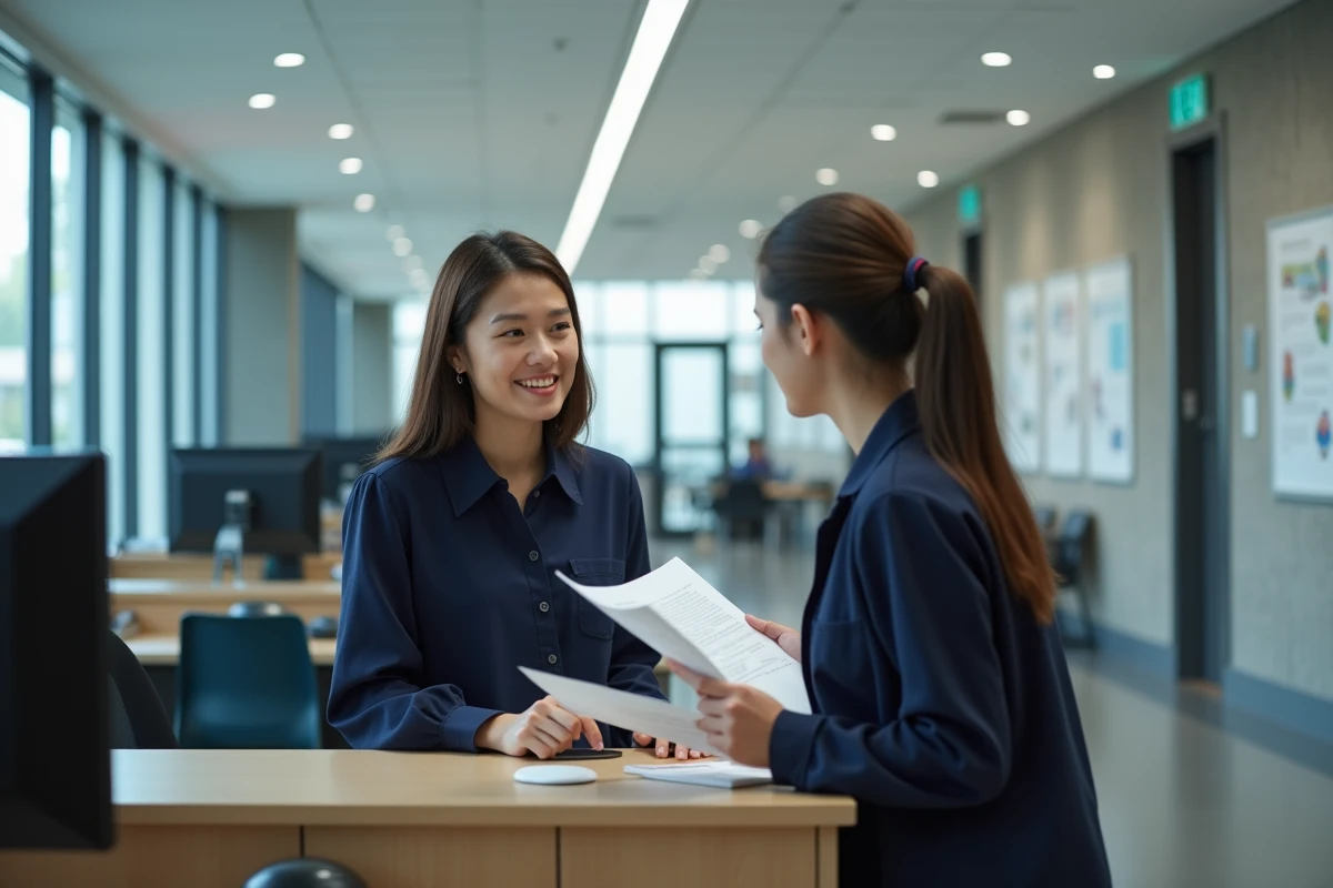 Agente du service informatique universitaire aidant un étudiant au guichet d'assistance en cas de panne de l'ENT