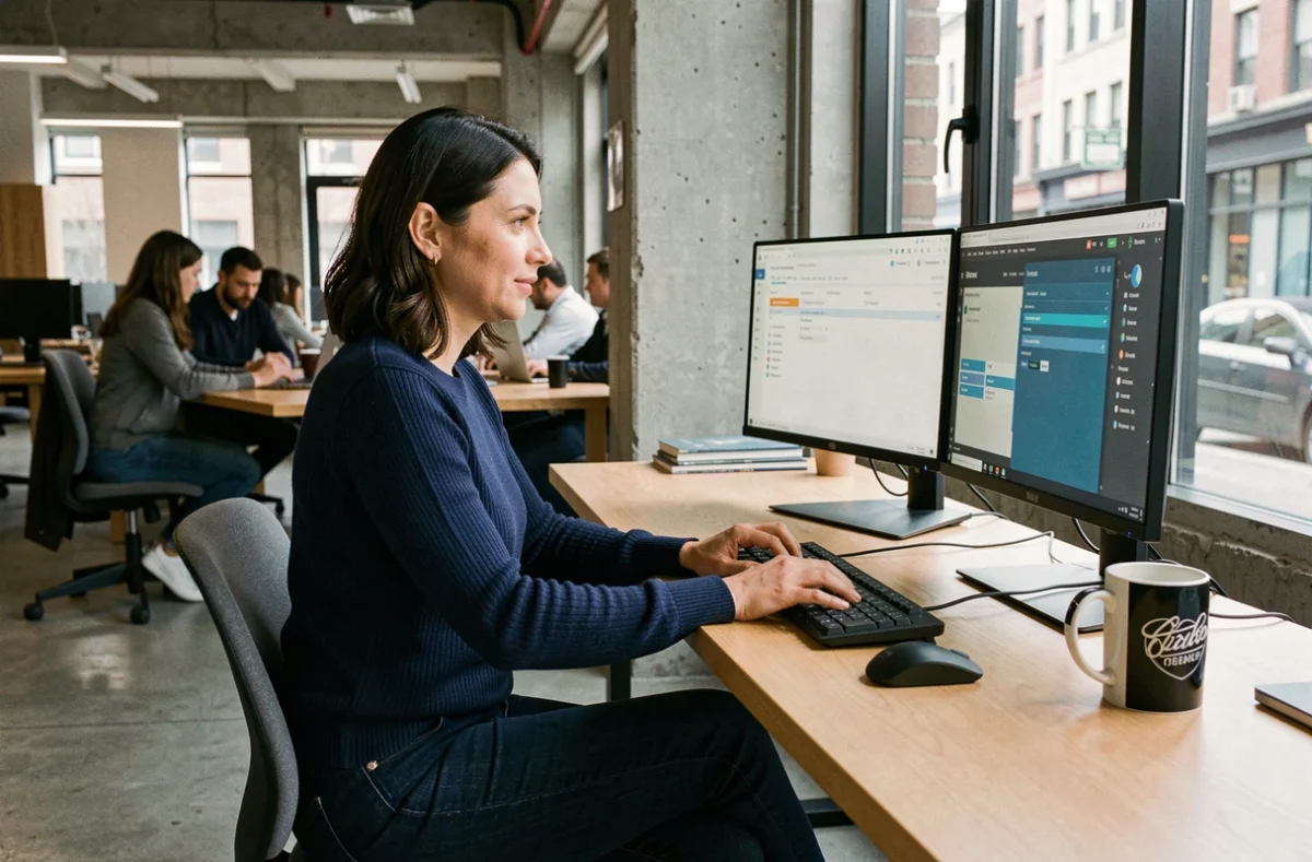 Assistante digitale en télétravail dans un espace de coworking moderne avec deux écrans et un clavier sans fil, illustrant la reconversion professionnelle