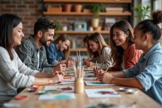 Groupe diversifié d adultes et adolescents peignant lors d un atelier artistique
