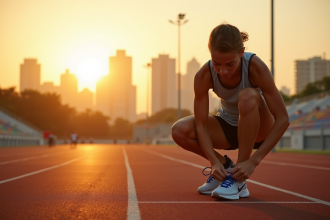 Jeune athlète déterminé nouant ses chaussures au lever du soleil