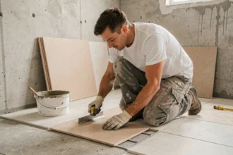 Auto-entrepreneur carreleur posant des carreaux céramiques dans une salle de bain en rénovation