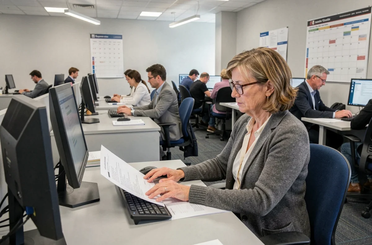 Une adulte en formation continue travaillant sur ordinateur dans une salle de cours de Besançon Formation