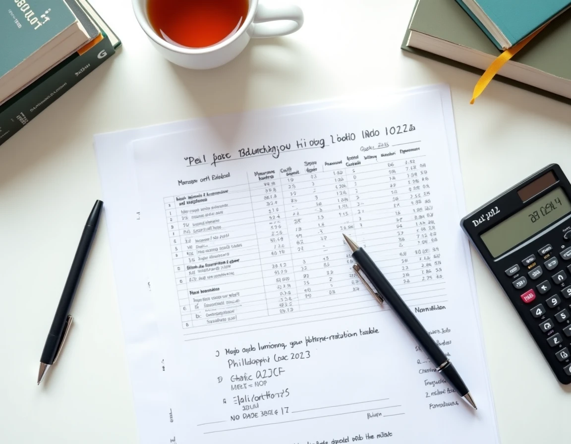 Vue de dessus d'un bureau d'étudiant avec tableau des coefficients de philosophie au bac 2026, calculatrice et copies annotées