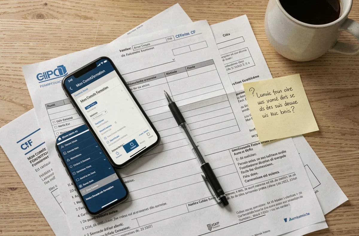 Vue aérienne d'un bureau avec des formulaires CPF, un smartphone affichant Mon Compte Formation et des notes manuscrites sur les droits de récupération