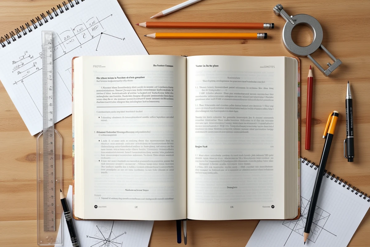 Vue aérienne d'un bureau avec manuels de mathématiques, compas et fiches de calcul sur les vecteurs dans le plan