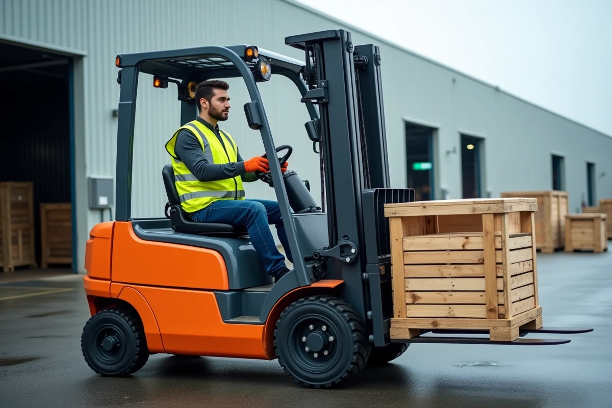 Alternant certifié CACES 3 conduisant un chariot élévateur contrebalancé dans une cour logistique extérieure