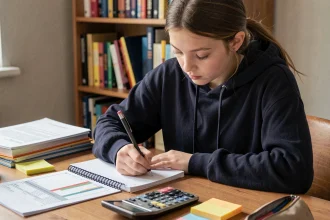 Adolescente calculant sa moyenne scolaire avec coefficient dans un carnet sur un bureau d'étude