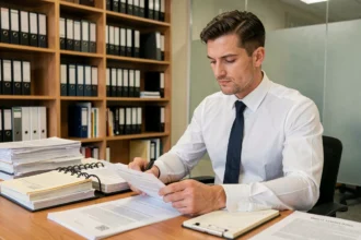 Candidat à l'examen IR assis à un bureau professionnel, révisant des documents fiscaux et juridiques pour préparer un recours ou une seconde tentative