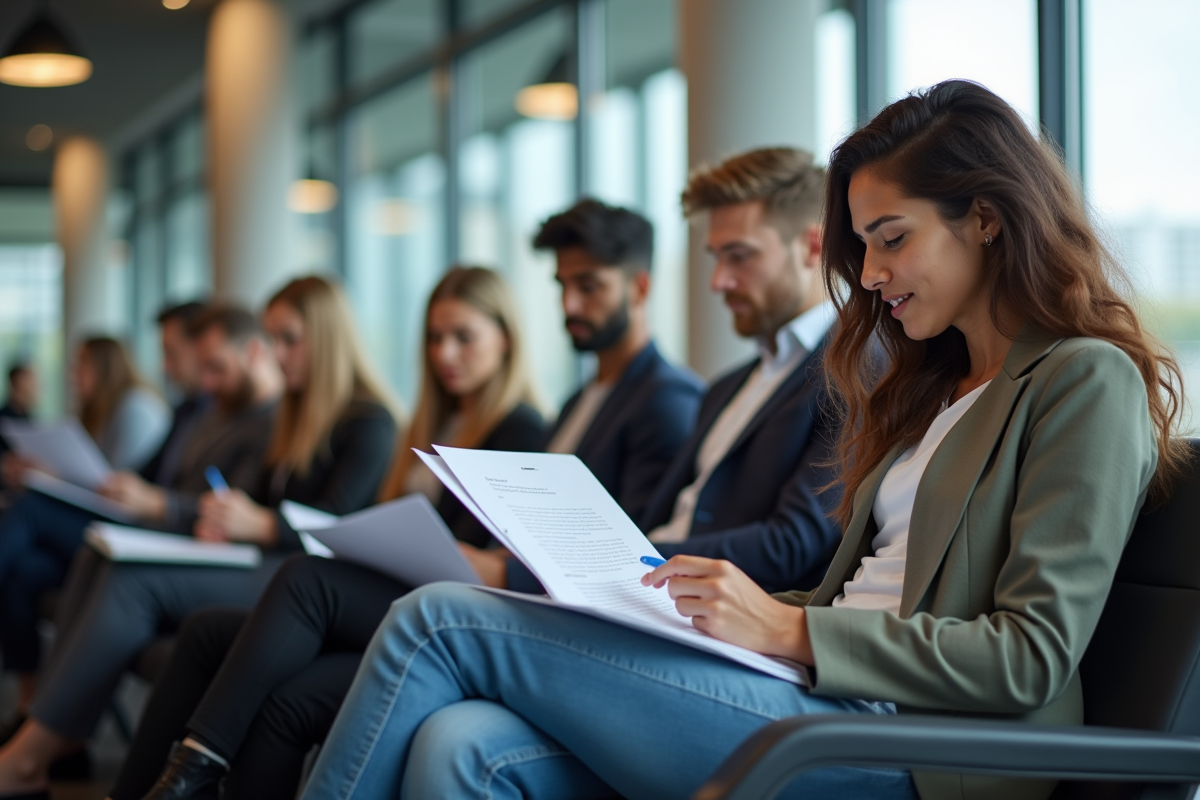 Groupe de candidats en attente préparant leurs CV