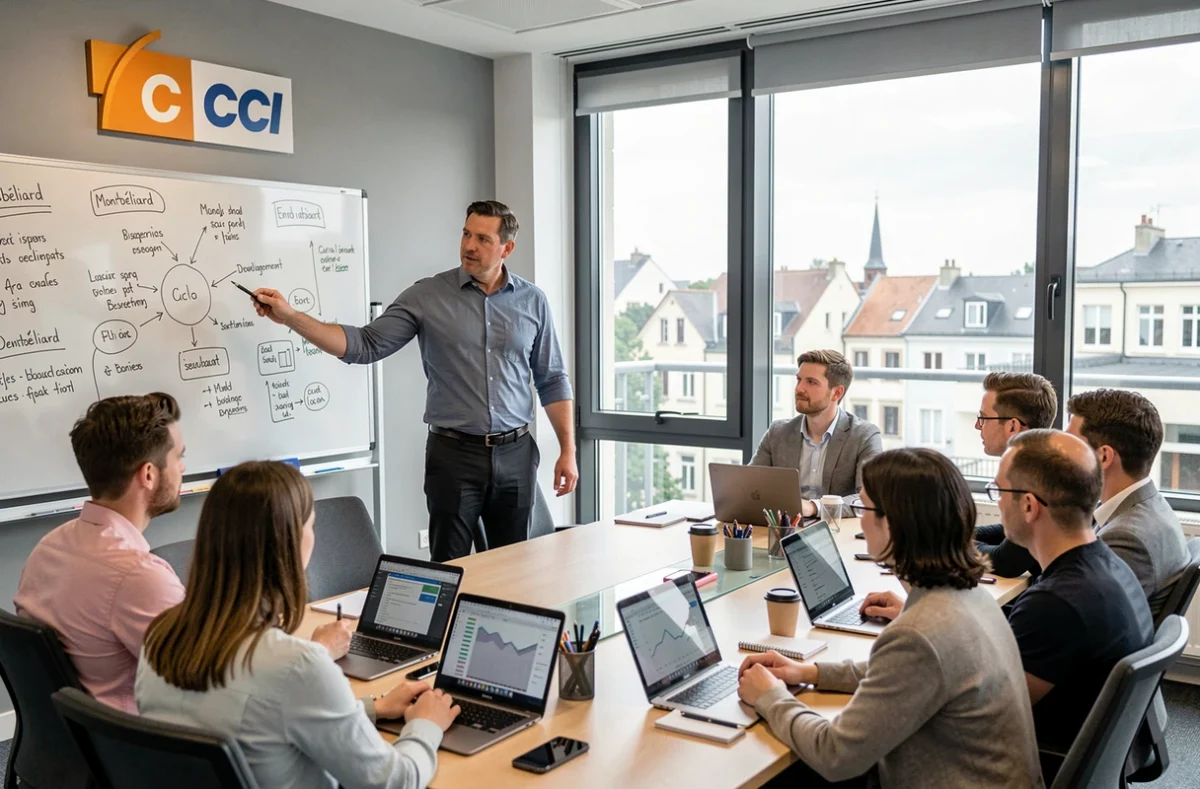 Un formateur animant un séminaire de commerce pour des professionnels à la CCI Saône-Doubs IMEA de Montbéliard