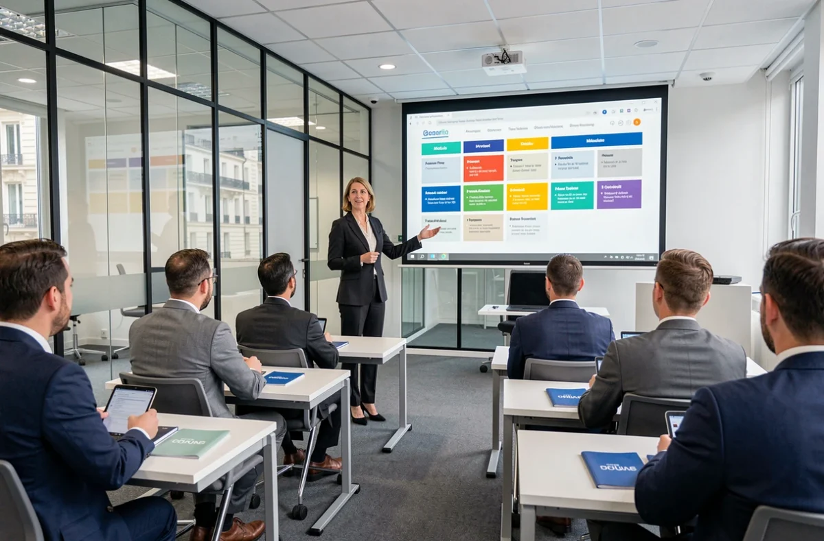 Formatrice présentant un catalogue de formations entreprise dans une salle de séminaire moderne à Paris, style Cegos