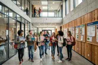 Des apprenants adultes entrant dans un centre de formation moderne dans le Doubs, symbolisant l'accès à la formation professionnelle en Franche-Comté