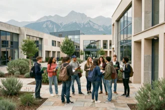 Groupe d'apprenants devant un centre de formation dans les Pyrénées-Atlantiques avec les montagnes en arrière-plan
