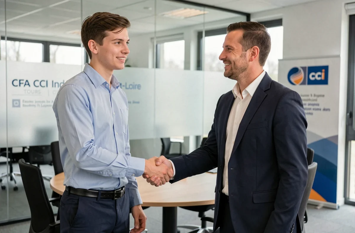 Apprenti signant un accord avec un représentant d'entreprise au CFA CCI Indre-et-Loire de Tours