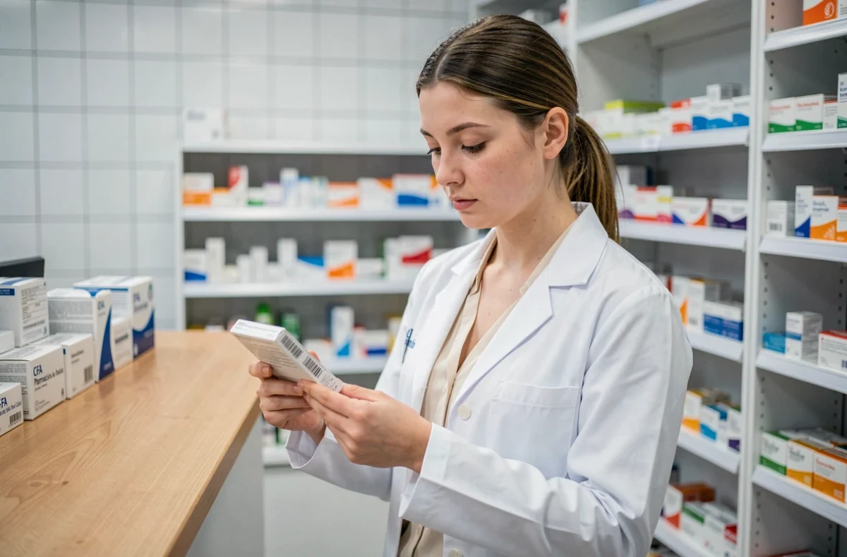 Étudiante en alternance en pharmacie examinant un médicament au comptoir du CFA Pharmacie du Nord-Pas-de-Calais