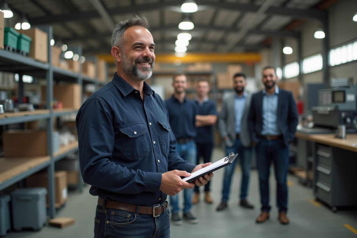 Homme en tenue de travail supervise une equipe dans un atelier industriel