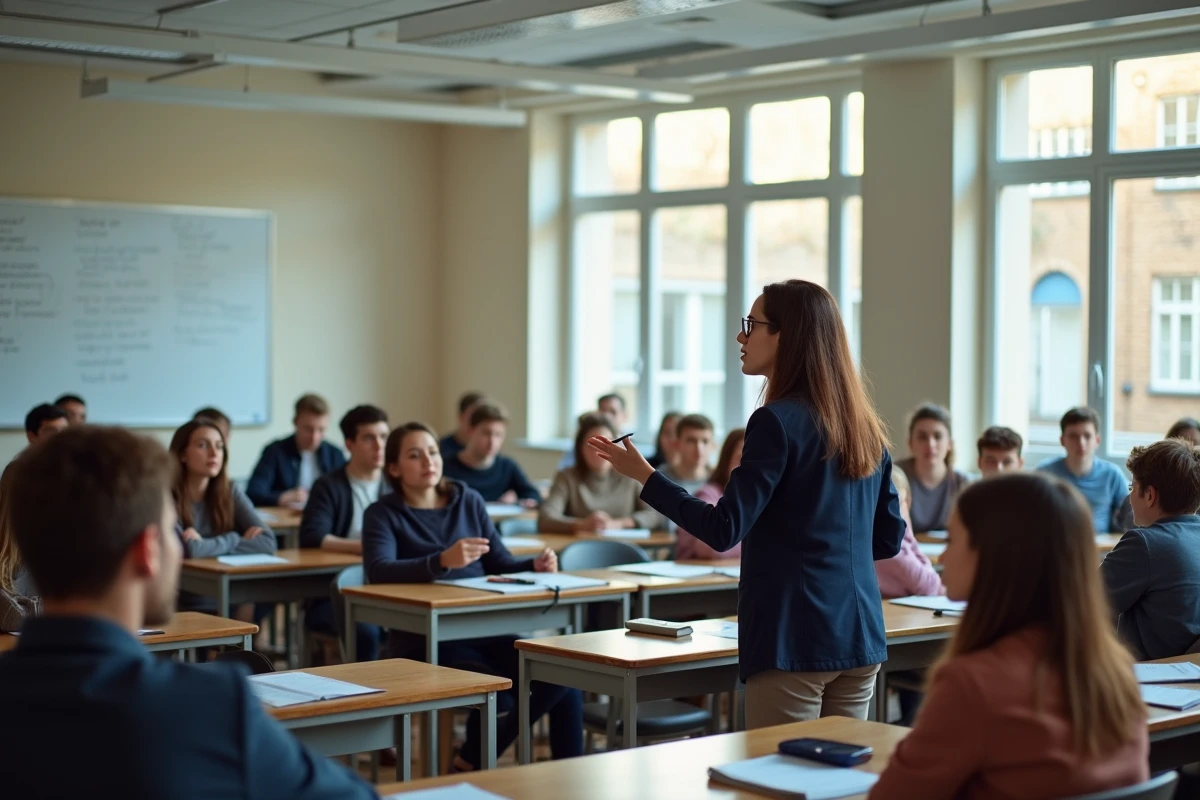 Salle de classe d'un lycée français avec une enseignante face à une classe complète d'élèves attentifs