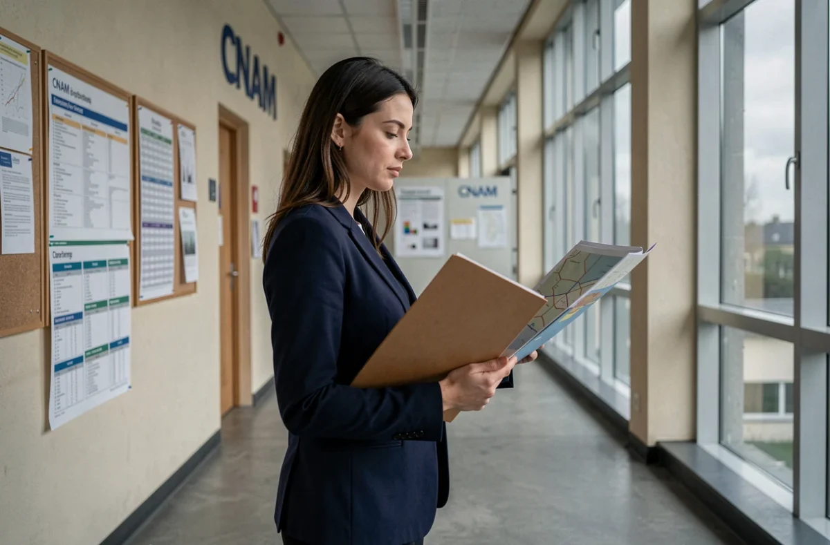 Étudiante en alternance devant la signalétique du CNAM Hauts-de-France dans un couloir institutionnel