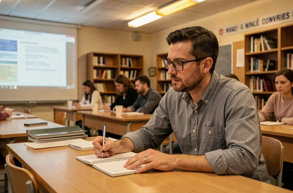 Étudiant adulte prenant des notes lors d'un cours du soir au CNAM Île-de-France, atmosphère académique en soirée