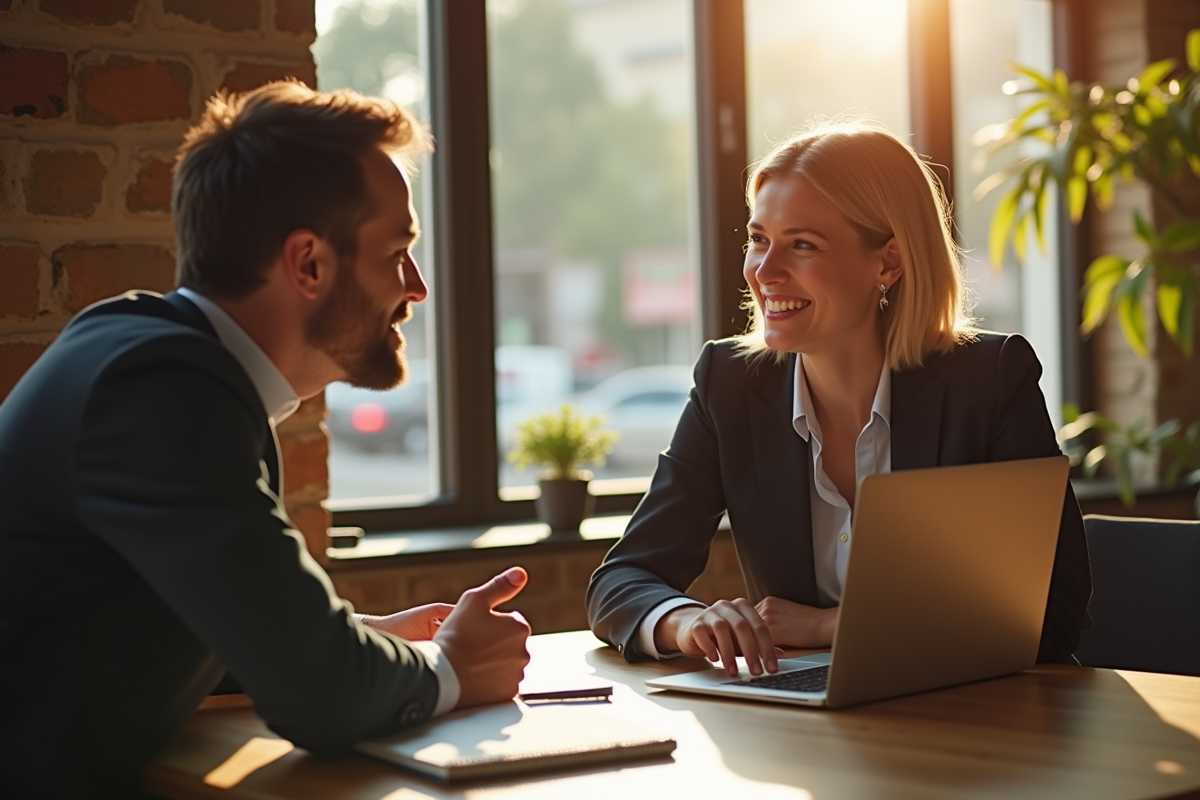 Session de coaching en café lumineux entre mentor et jeune professionnel