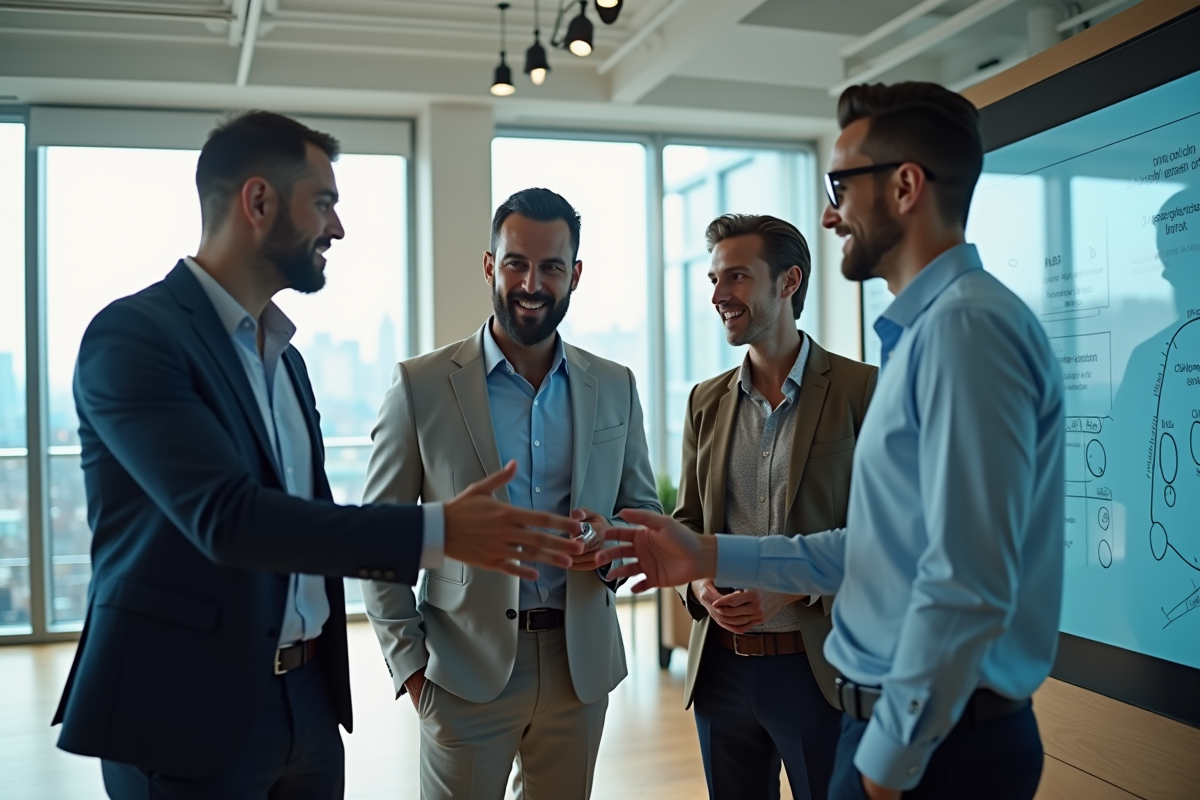 Groupe de professionnels collaborant autour d un écran digital