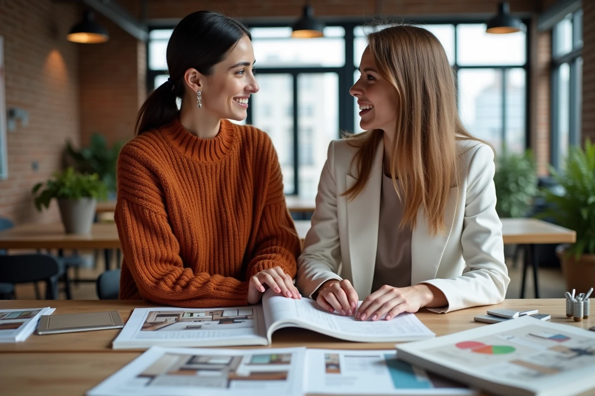 Deux femmes en formation décoration et aménagement collaborant autour de planches d'inspiration et de catalogues de matières dans un espace de coworking