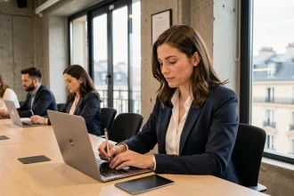 Freelance participante à une conférence sur le digital à Paris, prenant des notes sur un ordinateur portable dans un espace de coworking moderne