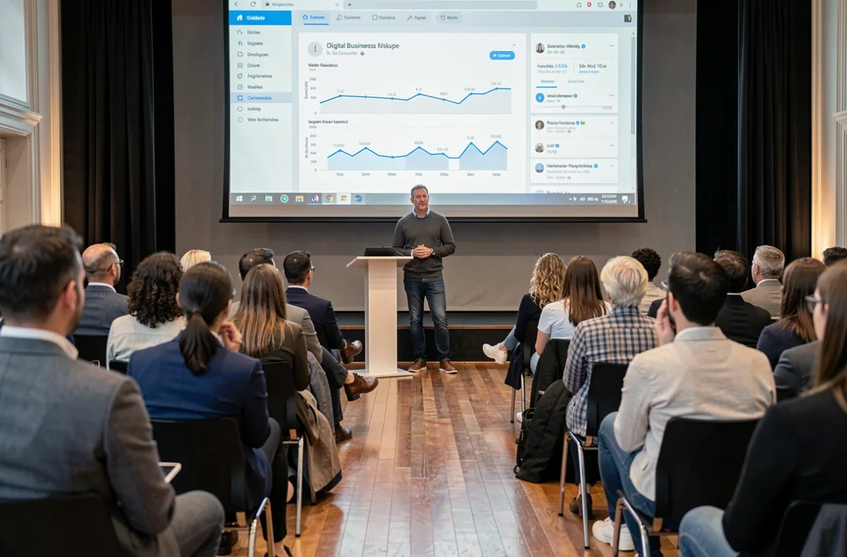Conférencier présentant des stratégies digitales pour freelances devant un public professionnel dans une salle de conférence parisienne