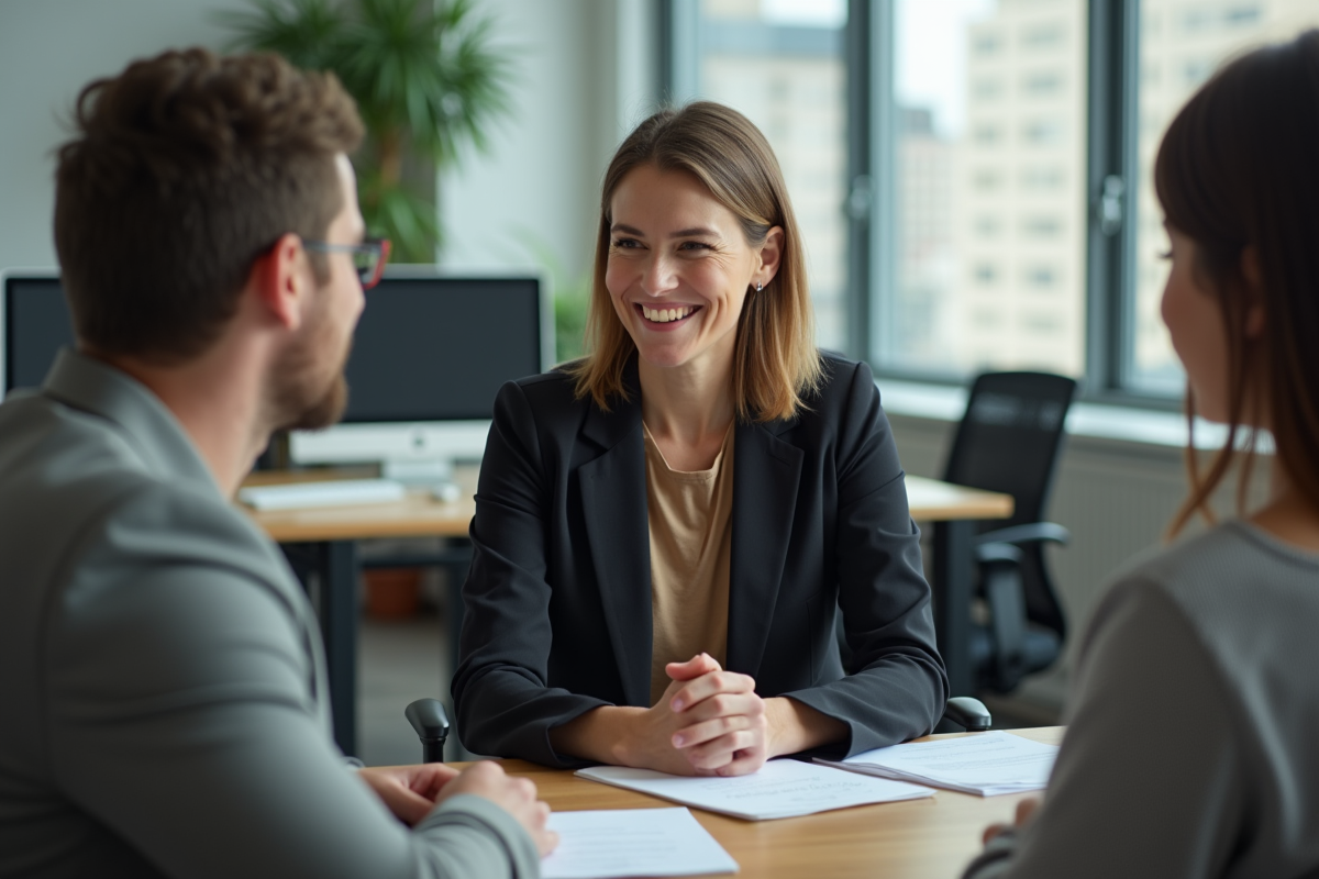Femme en blazer discute avec un collegue dans un bureau moderne