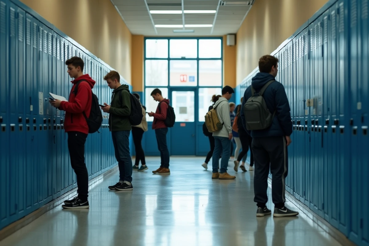 Couloir animé d'un grand lycée français avec des élèves devant leurs casiers entre deux cours
