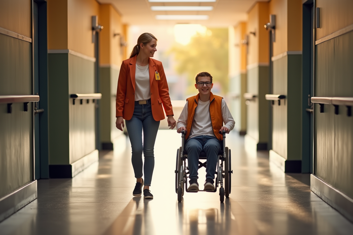 Aide et adolescent en fauteuil roulant dans un couloir lumineux