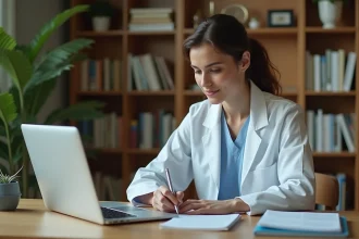 Médecin femme étudiant l'anglais médical sur un ordinateur portable à son bureau à domicile avec des notes manuscrites et un manuel médical