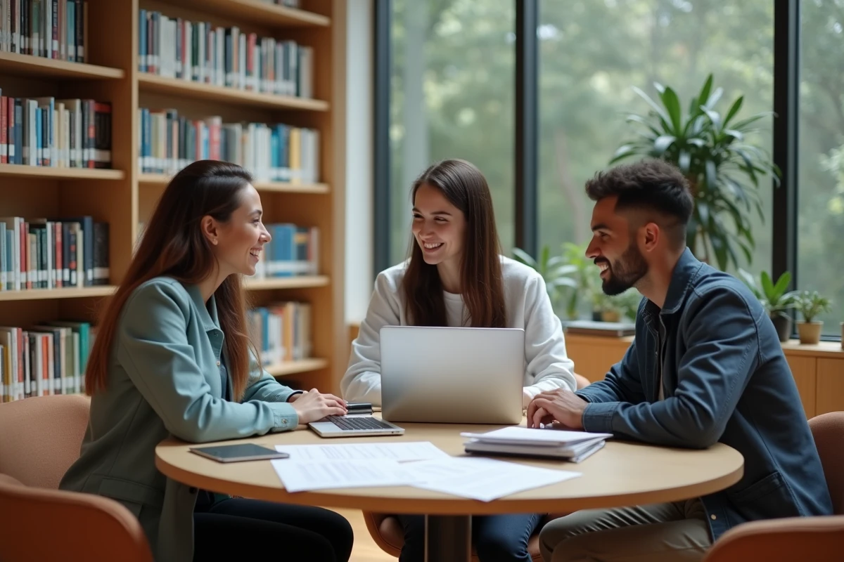 Groupe d'étudiants en médecine révisant ensemble le vocabulaire d'anglais médical sur des ordinateurs portables dans une bibliothèque universitaire