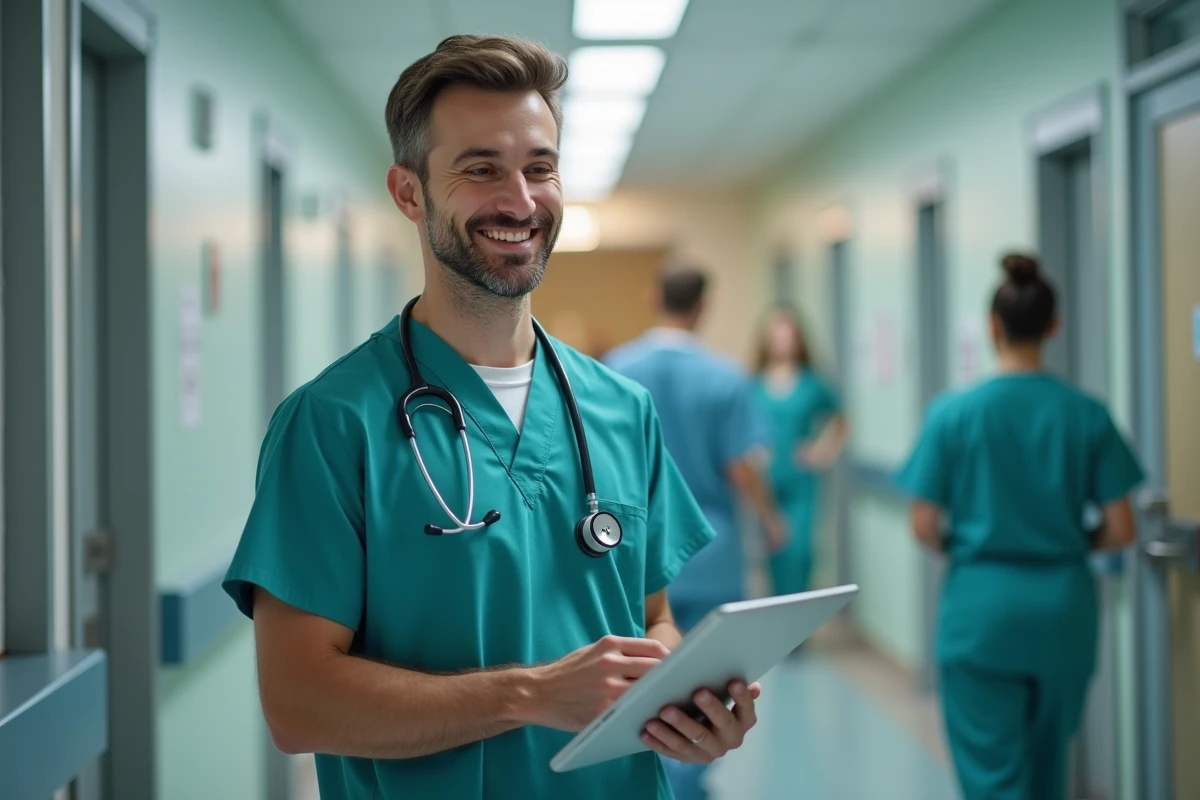 Médecin homme en blouse chirurgicale consultant une leçon d'anglais médical sur une tablette dans un couloir d'hôpital