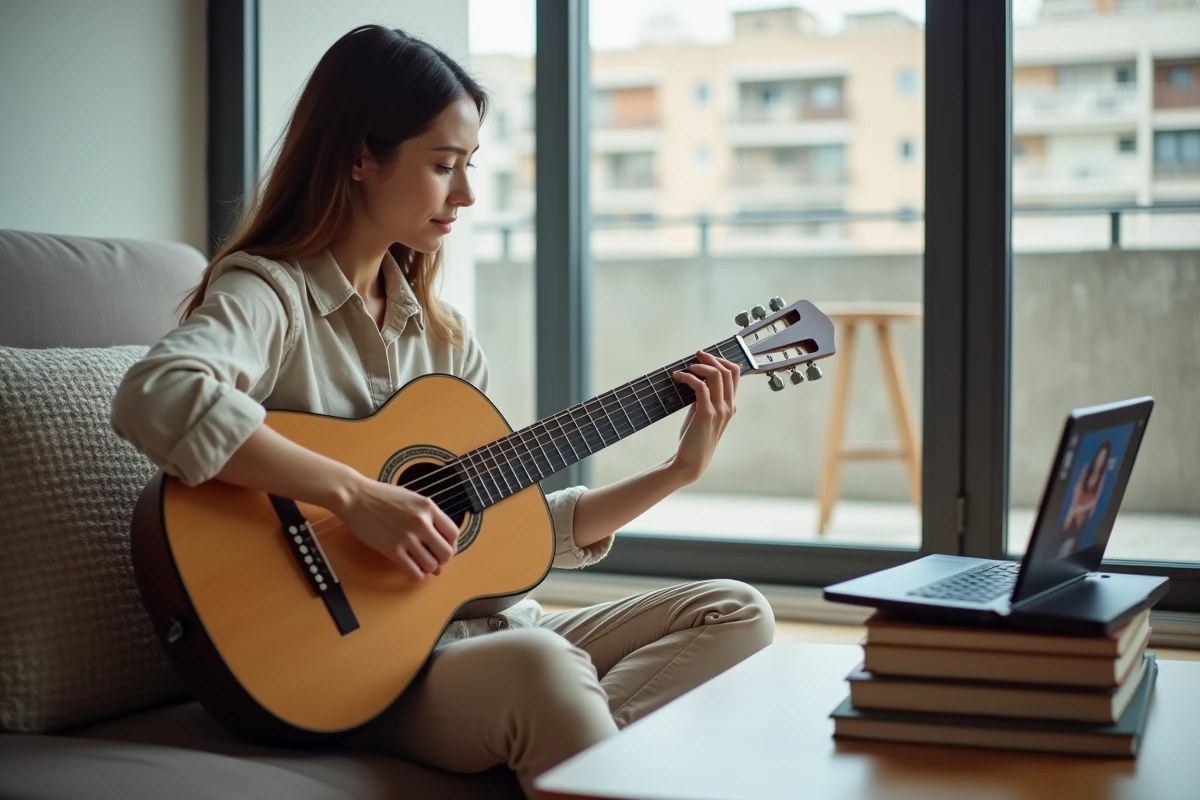Femme suivant un cours de guitare classique en ligne sur tablette avec analyse de la position des mains dans un salon