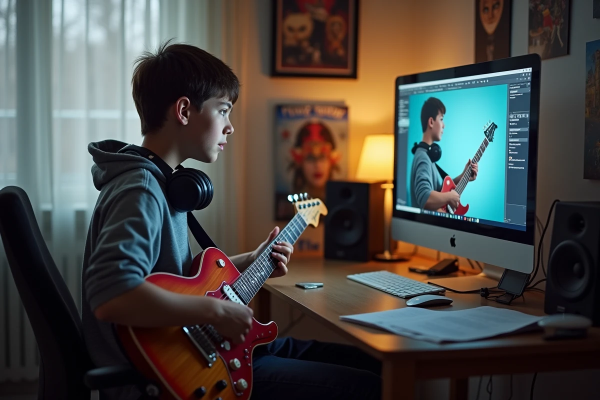 Adolescent recevant un feedback vidéo en temps réel pendant un cours de guitare électrique en ligne dans sa chambre