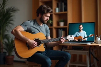 Homme apprenant la guitare acoustique en cours en ligne avec feedback vidéo sur ordinateur portable dans un home studio
