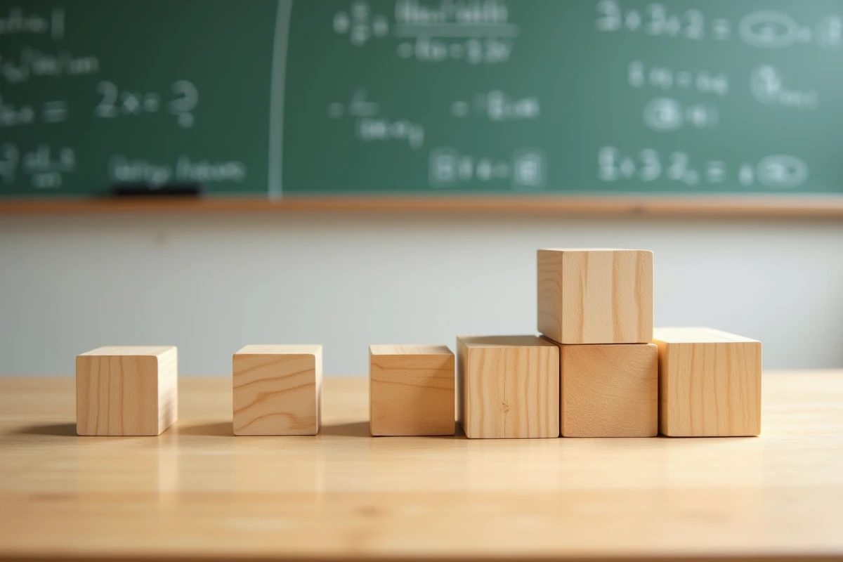 Cubes en bois disposés progressivement sur une table pour illustrer la notion de puissance 3 et le volume cubique